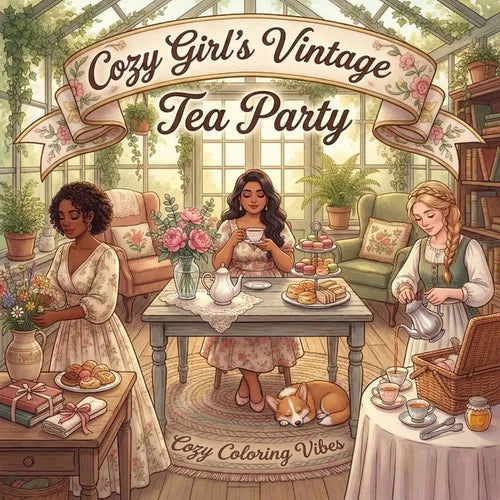 Cozy Girl's Vintage Tea Party: Cute Fun Bold Line Coloring Book for Adults Artistic Aesthetic Cottagecore Scenes, Relaxing Moments, Peaceful Hygge Cer