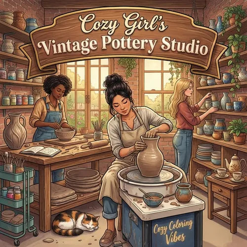 Cozy Girl's Vintage Pottery Studio: Cute Fun Bold Line Coloring Book for Adults Artistic Hobby Scenes, Relaxing Clay Crafting Moments, Peaceful Home R