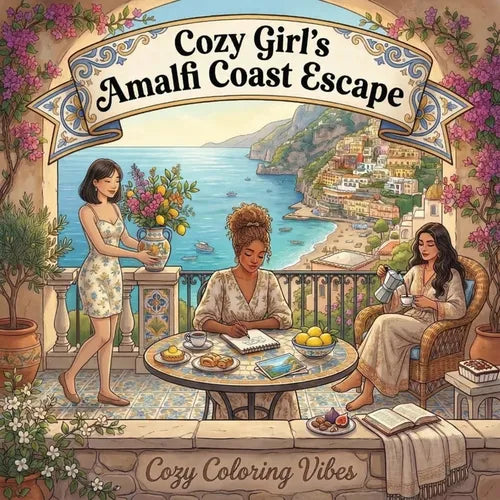 Cozy Girl's Amalfi Coast Escape: Easy Bold Line Design Comfy Coloring Book for Adults Italy Summer Travel, Italian Cafes, Terrace Views Cute Creative