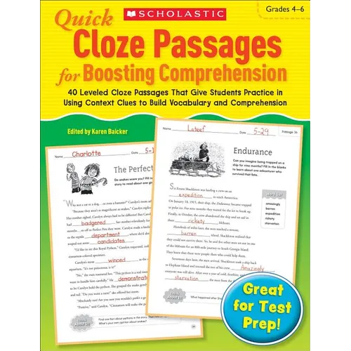 Quick Cloze Passages for Boosting Comprehension: Grades 4-6: 40 Leveled Cloze Passages That Give Students Practice in Using Context Clues to Build Voc