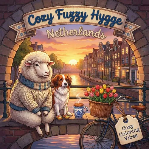 Cozy Fuzzy Hygge Netherlands: Fun Easy Bold Line Design Dutch Coloring Book Peaceful Village Life, Adorable Animal Travel Scenes Creative Screen-Free